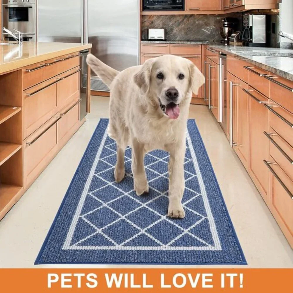 New Set of 2 Navy Blue Kitchen Rug, Washable, Non-Slip, Absorbent Floor Rugs